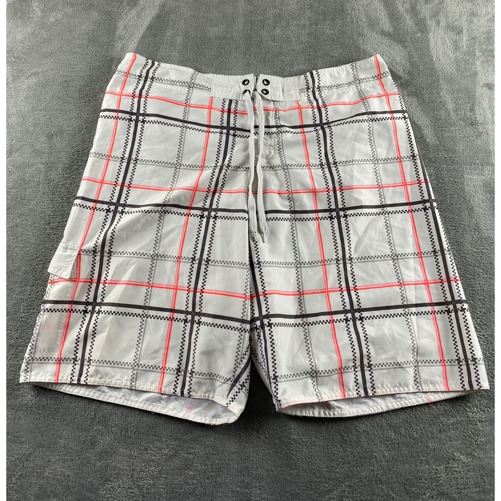 Joe Boxer Mens Plaid Board Shorts White Black Orange Cargo Pocket Swim Trunks 38